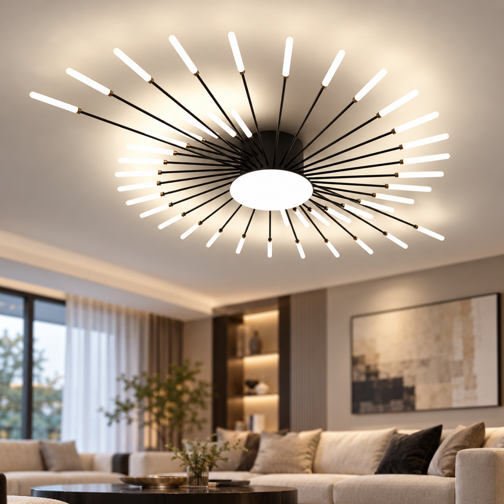 Black firework chandelier installed in a contemporary living room