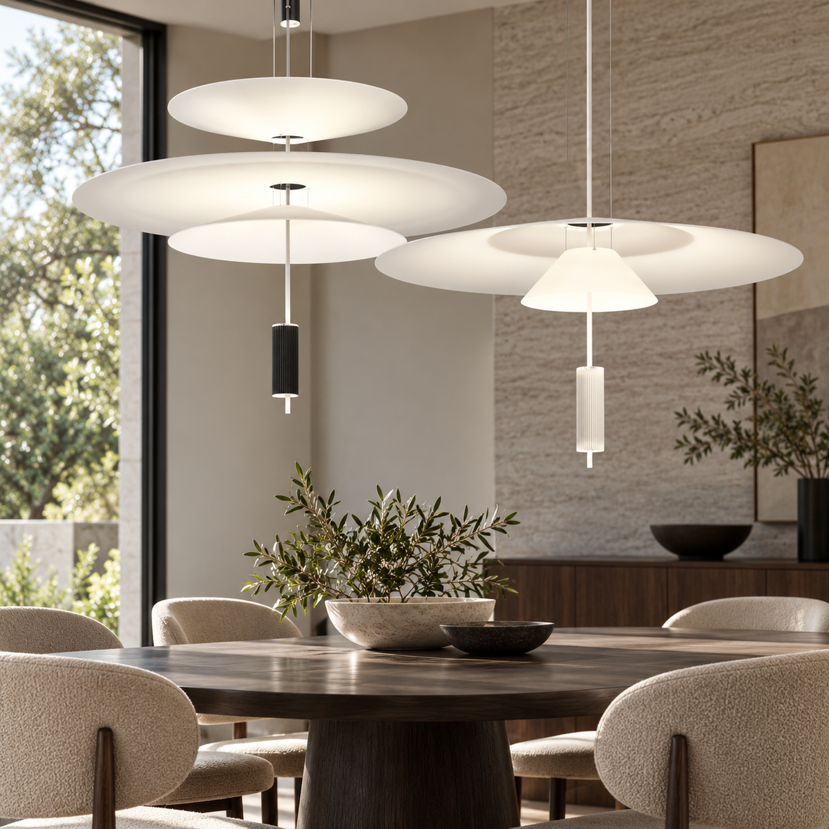 Layered white disc pendant chandelier installed above a refined dining table