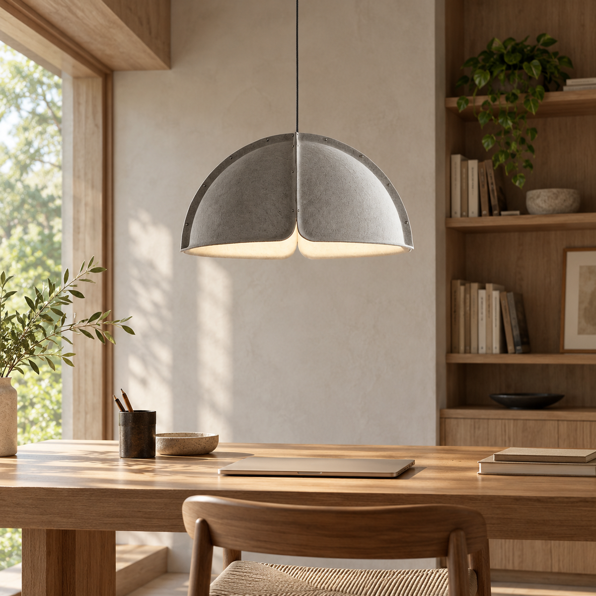 Grey felt twin-lobe pendant above a study table