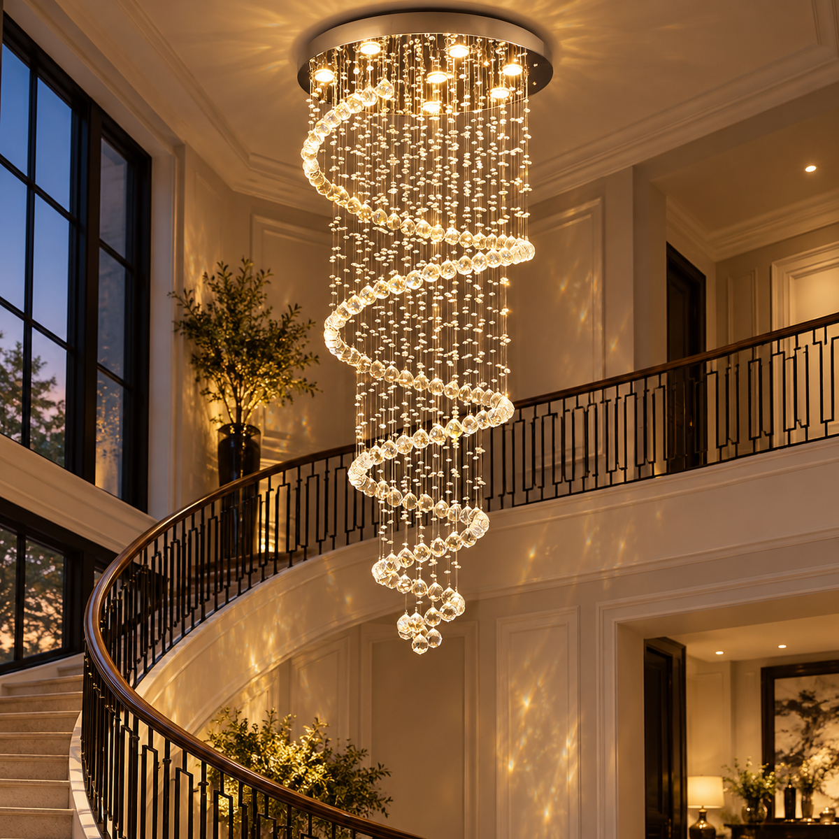 Spiral crystal LED chandelier suspended in a refined double-height staircase foyer