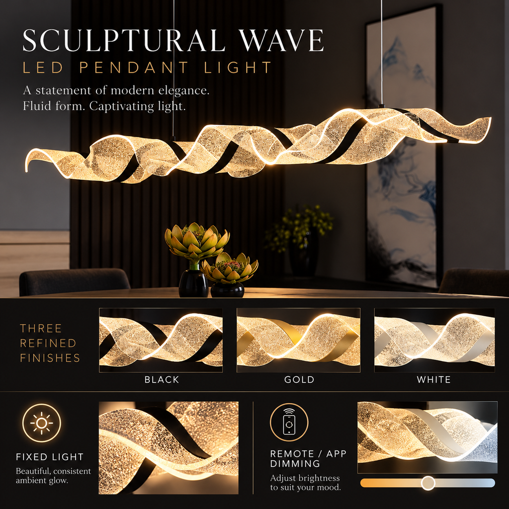 Sculptural wave LED pendant infographic showing black, gold or white finish and selected remote or app dimming