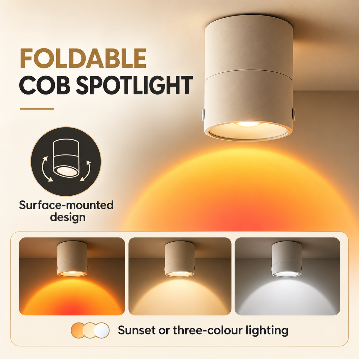 Foldable COB spotlight infographic showing surface mount and sunset or three-colour lighting