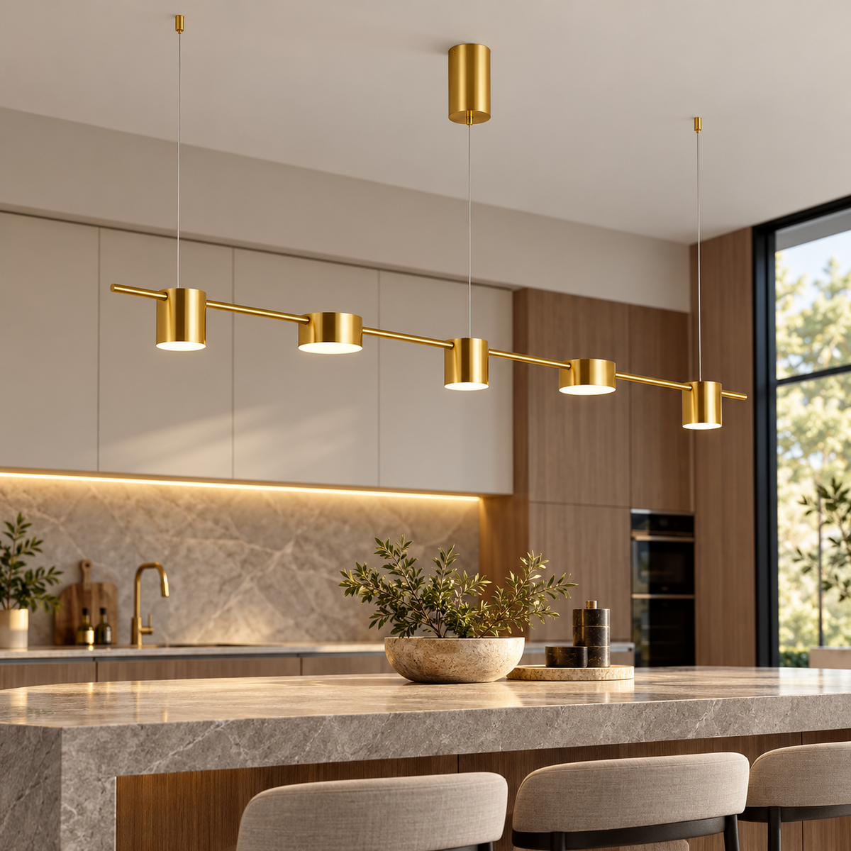 Gold linear LED pendant installed above a contemporary kitchen island