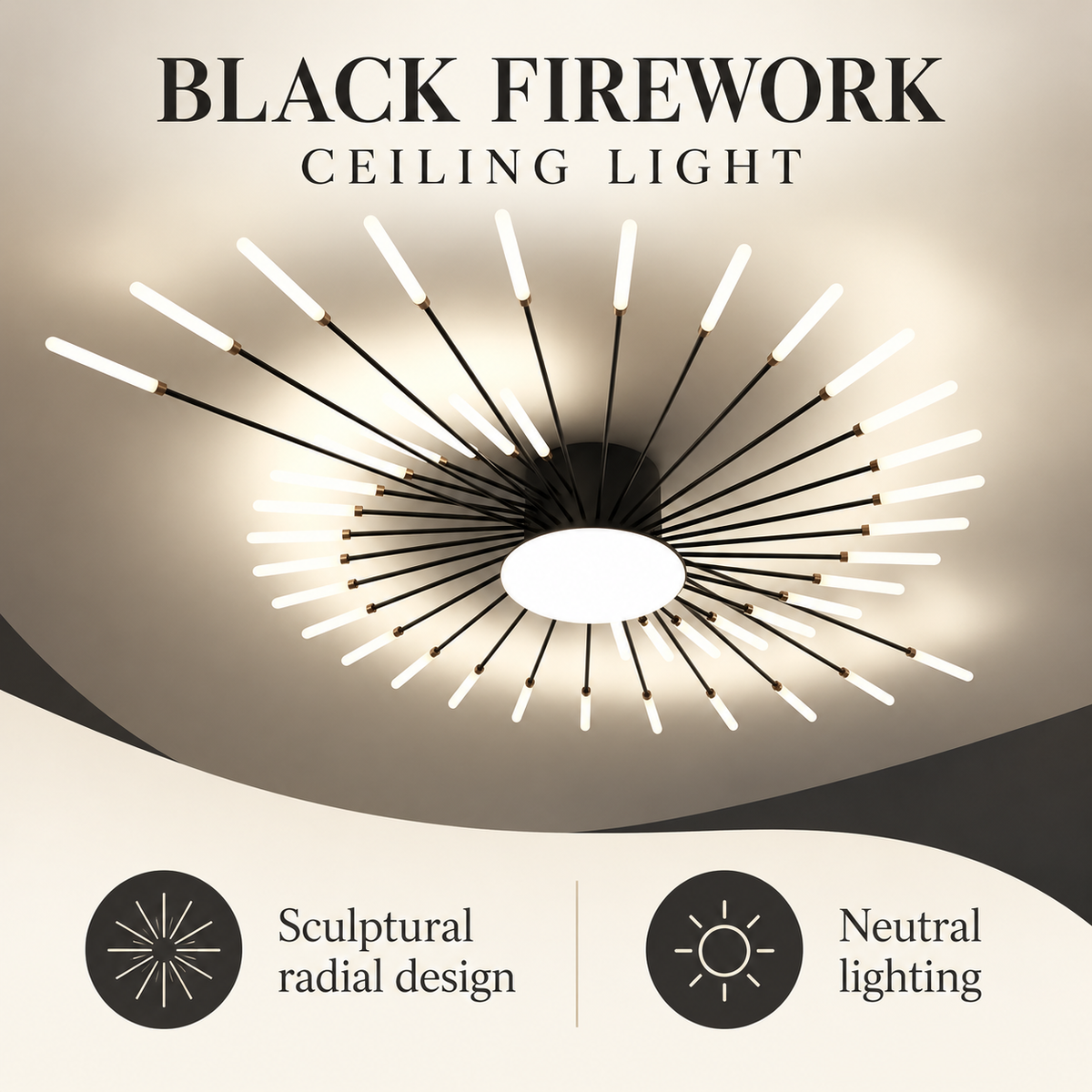 Black firework ceiling light infographic showing radial design and neutral lighting