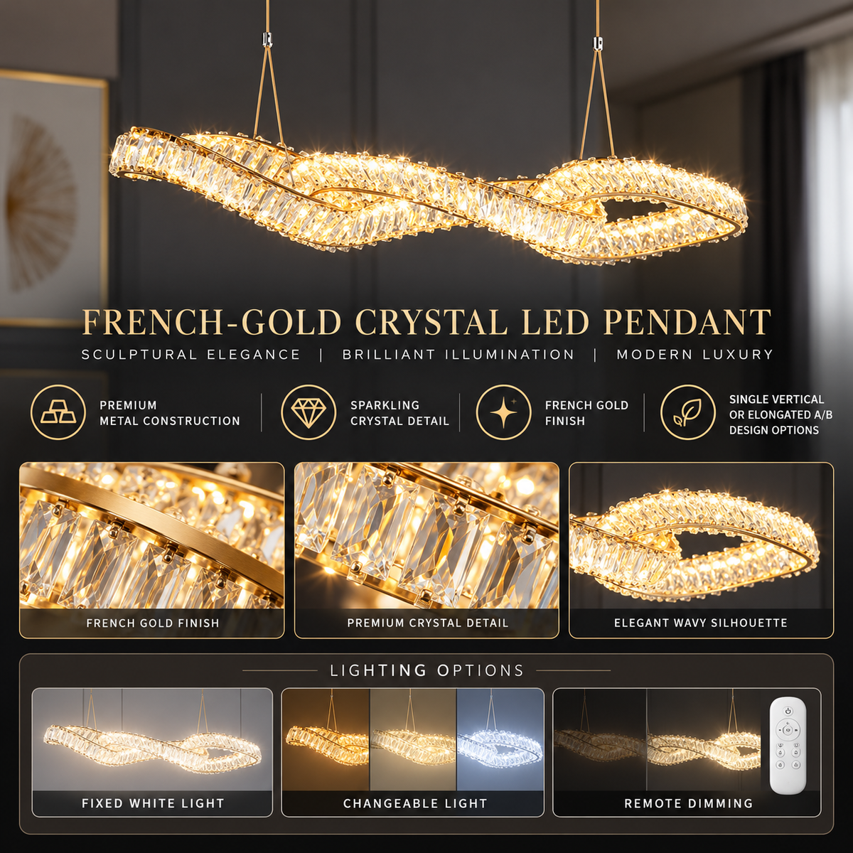 French-gold crystal pendant infographic showing metal and crystal construction, design options and lighting modes