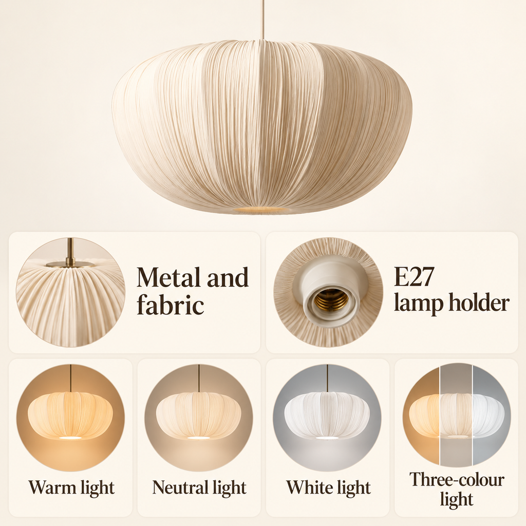 Pleated fabric pendant infographic showing metal and fabric construction, E27 lamp holder and lighting choices