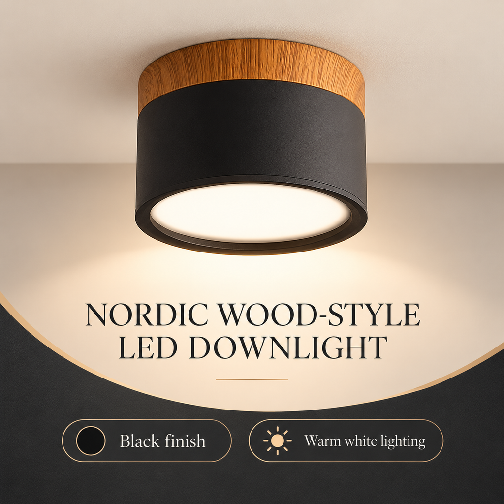 Nordic wood-style LED downlight infographic showing black finish and warm white lighting