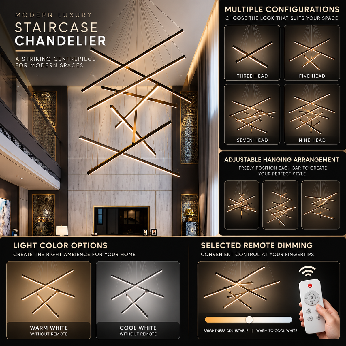 LED staircase chandelier infographic showing three, five, seven or nine heads, adjustable hanging and lighting options