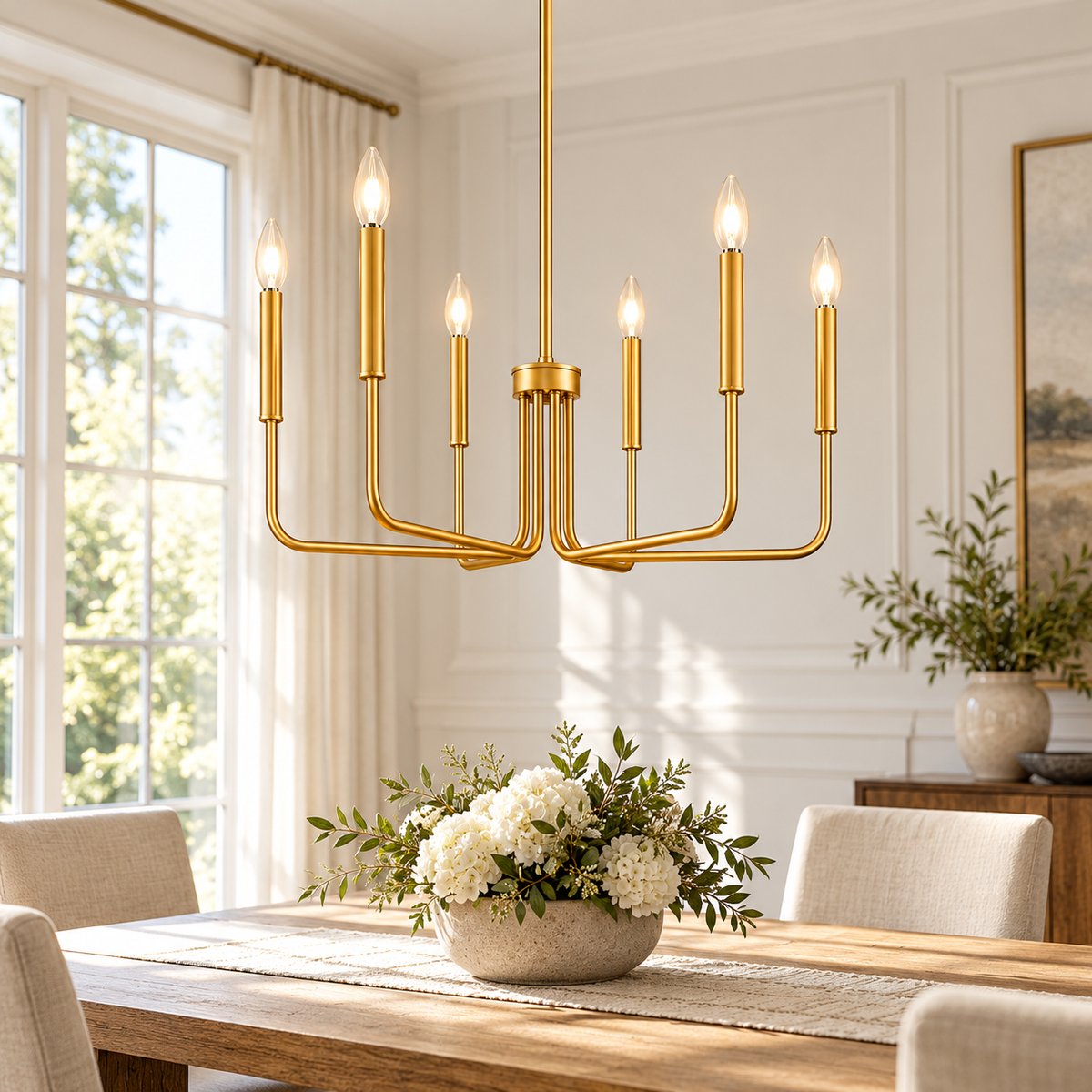Gold six-light candle chandelier installed above a dining table