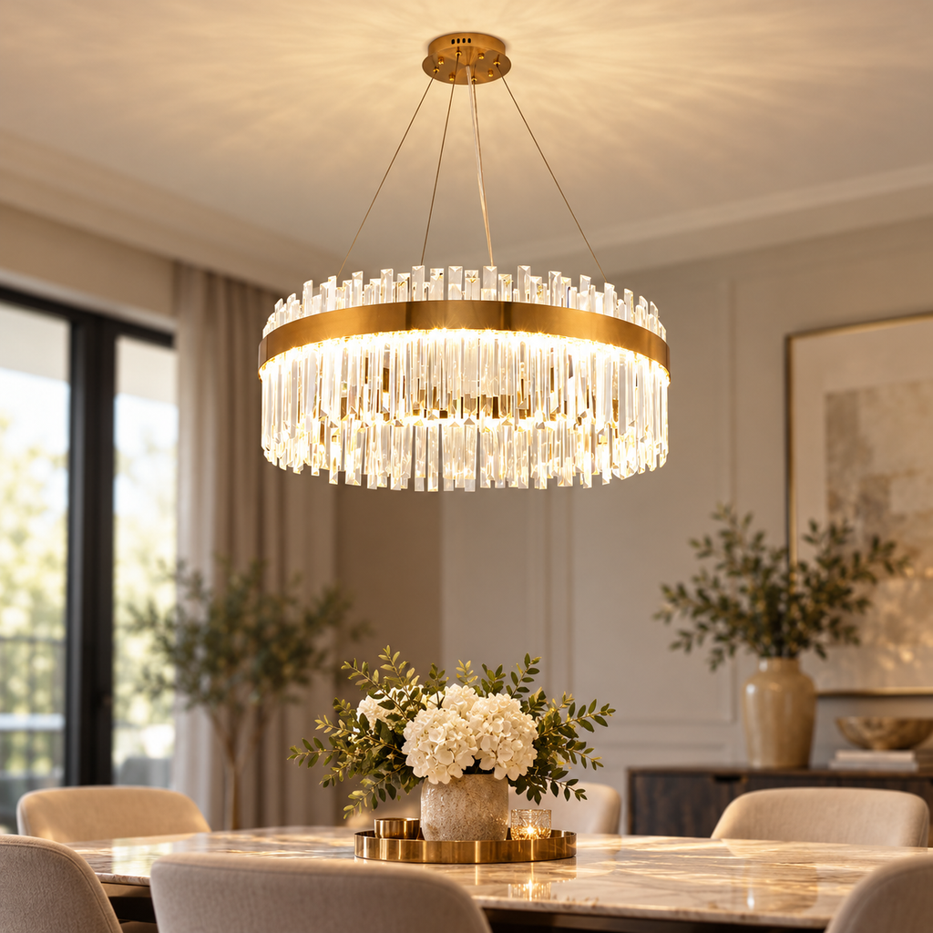 Gold crystal pendant chandelier installed in a refined dining room