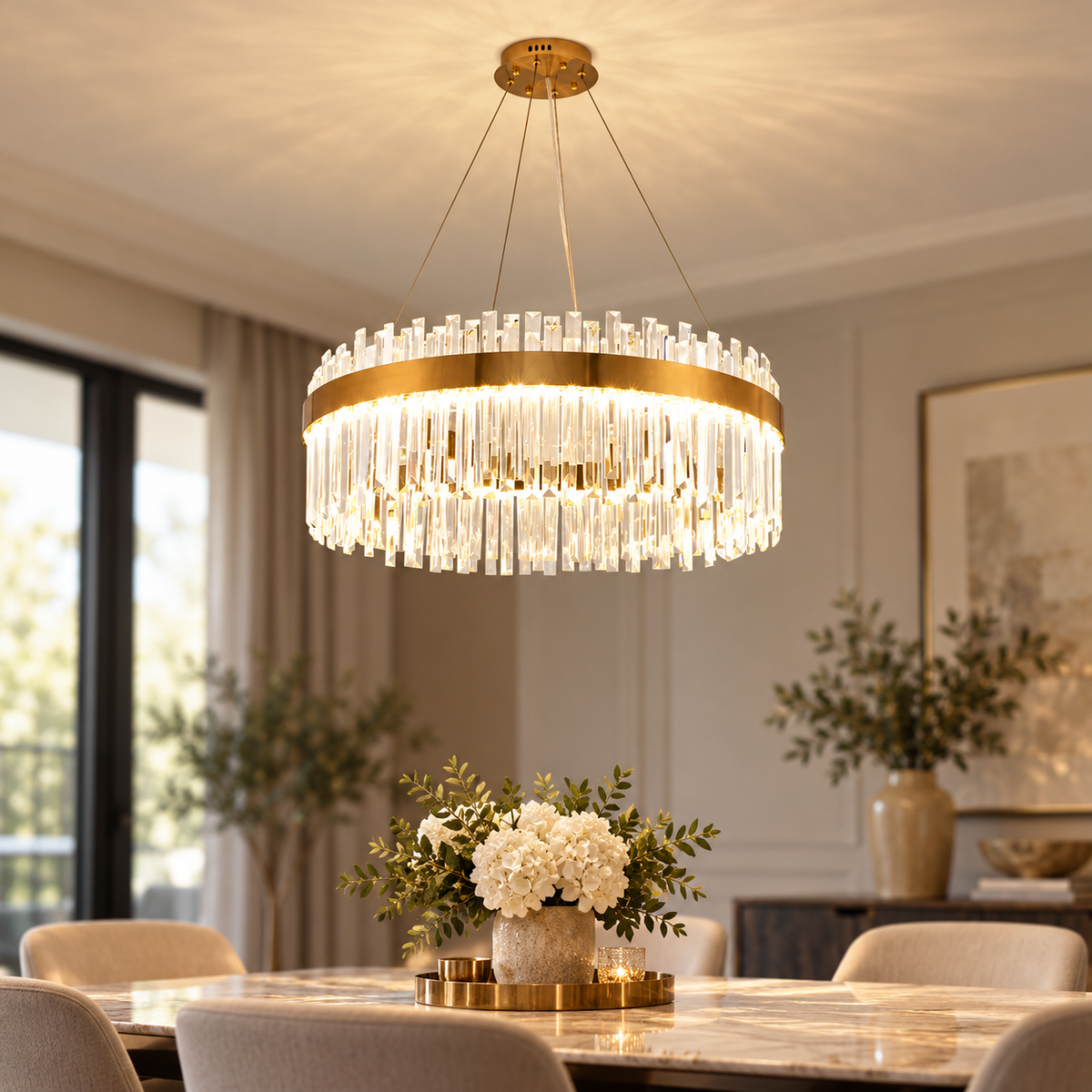 Gold crystal pendant chandelier installed in a refined dining room
