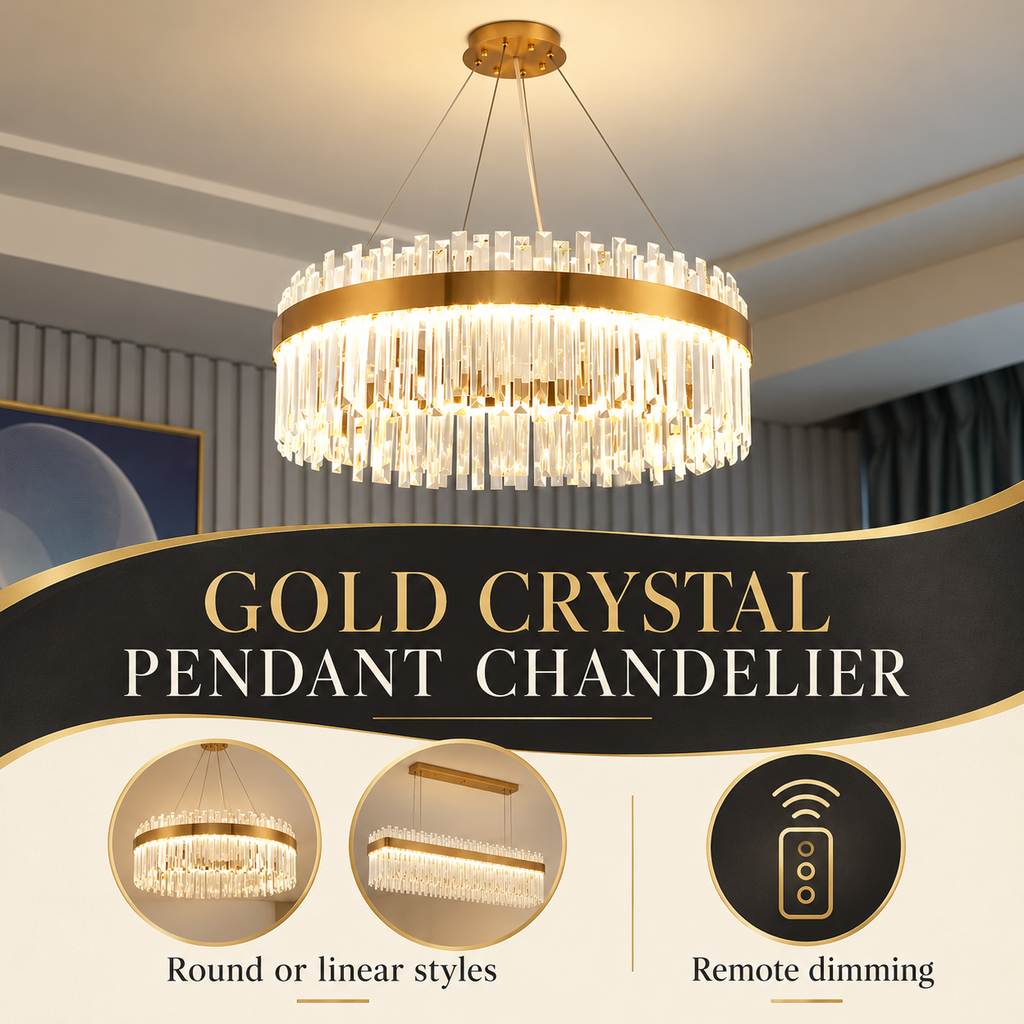 Gold crystal pendant infographic showing round or linear styles and remote dimming