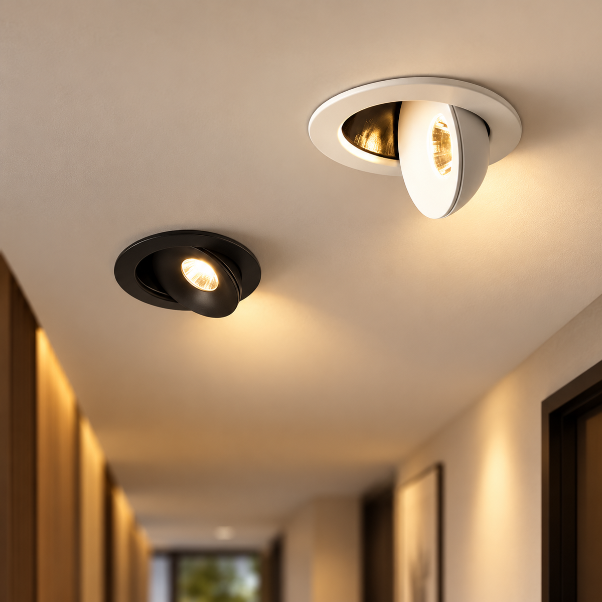 Adjustable recessed COB downlight installed in a refined hallway