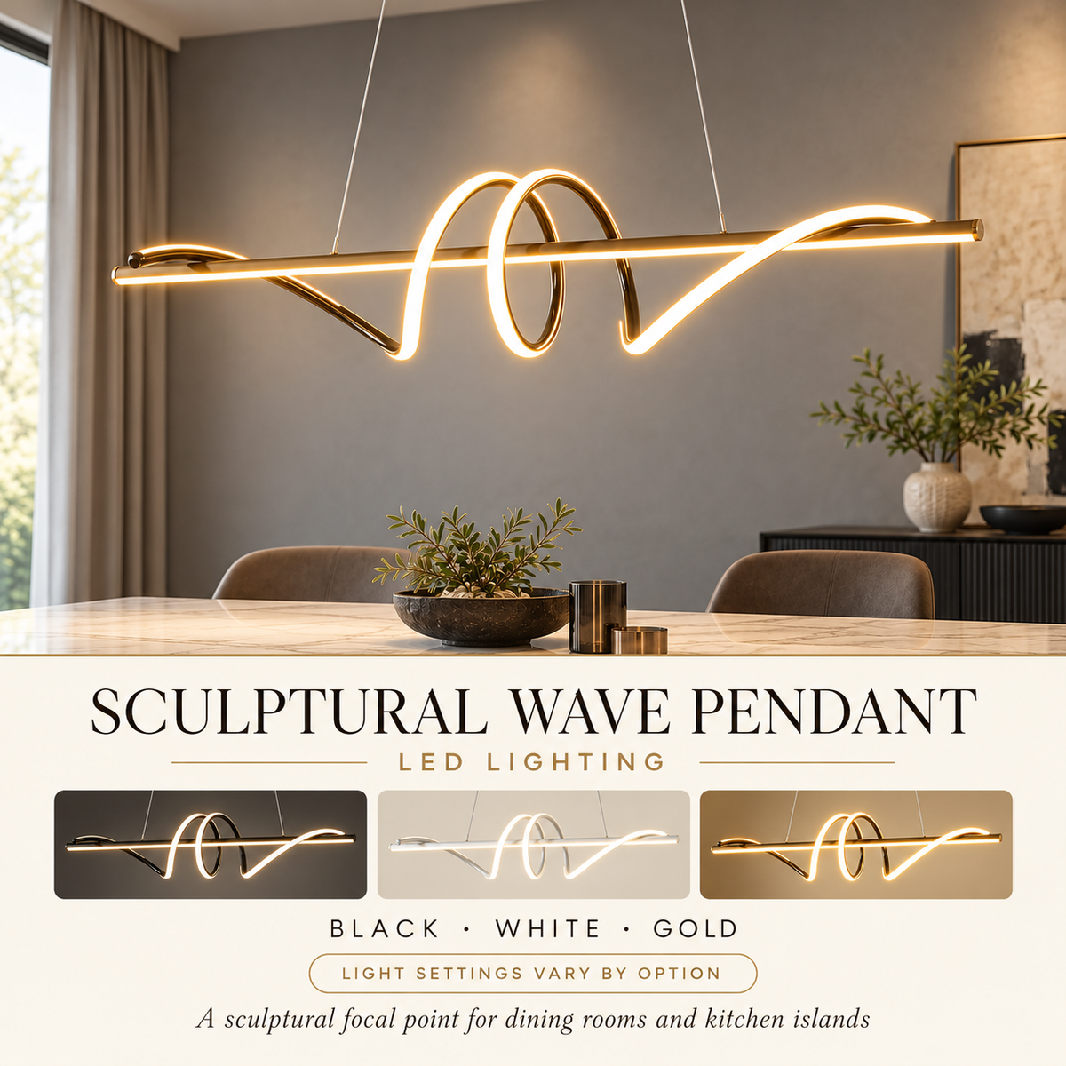 Sculptural wave LED pendant infographic showing finishes and lighting details