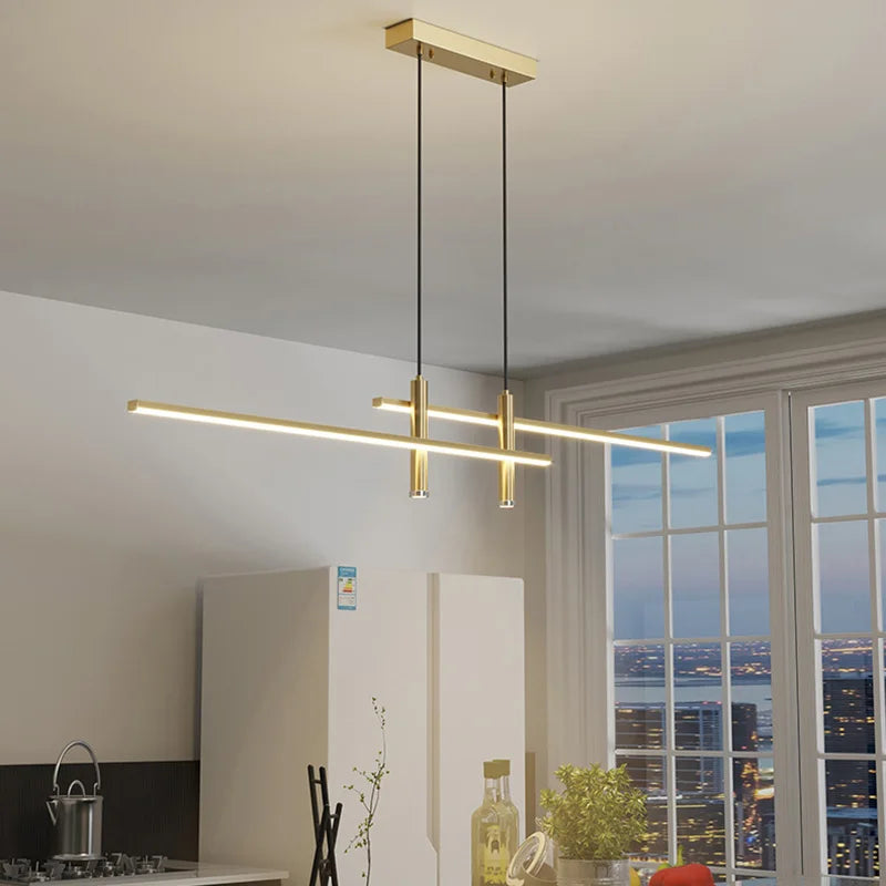 Modern Nordic LED Dining Room Chandelier | Dimmable Linear Pendant Light | Bar Counter Strip Ceiling Lamp with Remote Control | AC110-240V Minimalist Designer Hanging Light Fixture