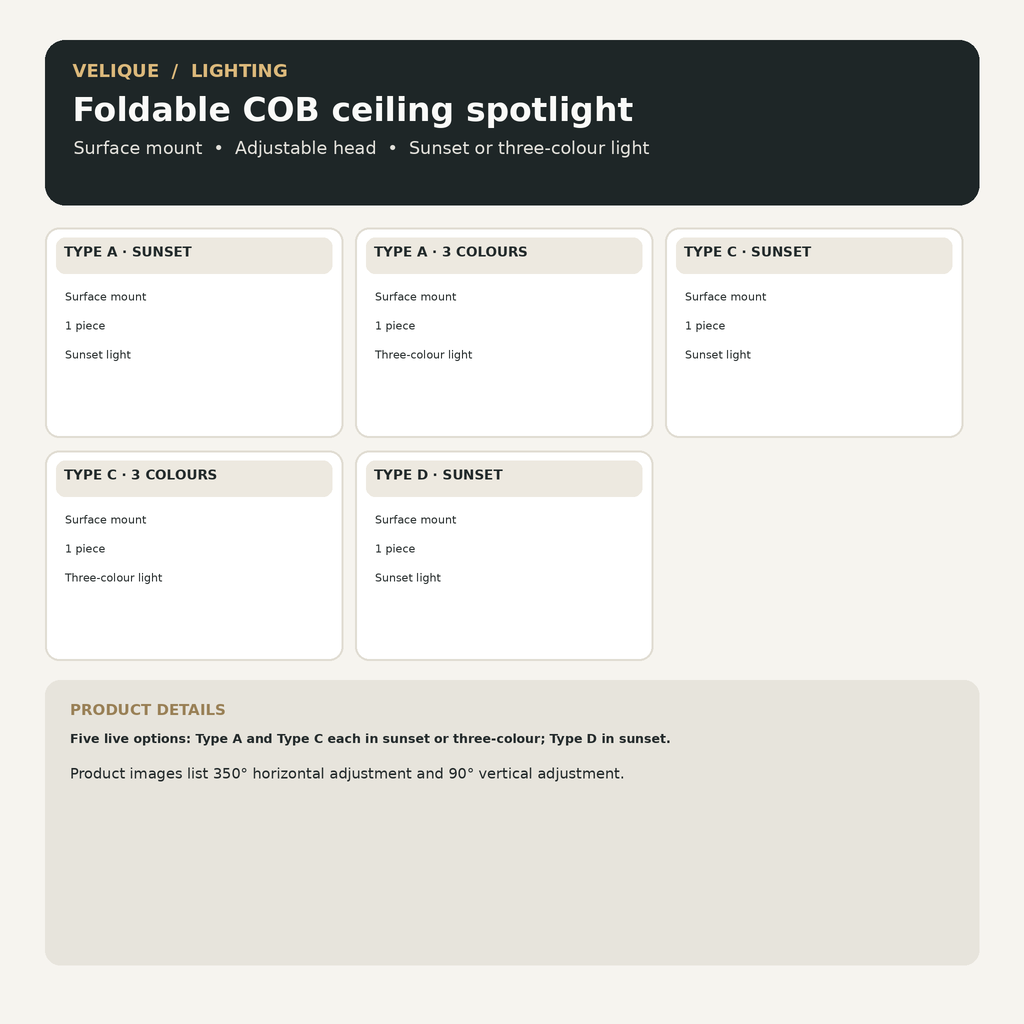 Foldable COB spotlight guide showing the five live Type A, C and D surface-mount and sunset or three-colour options