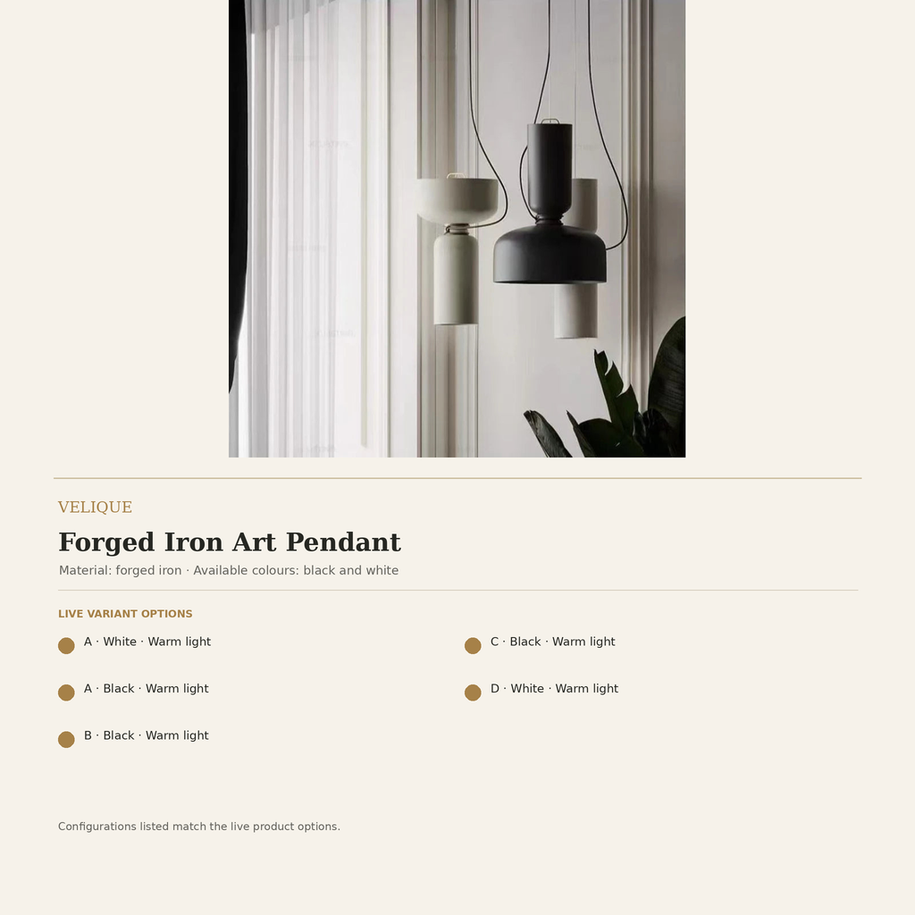Velique forged iron art pendant guide listing five live shape, colour and warm-light options