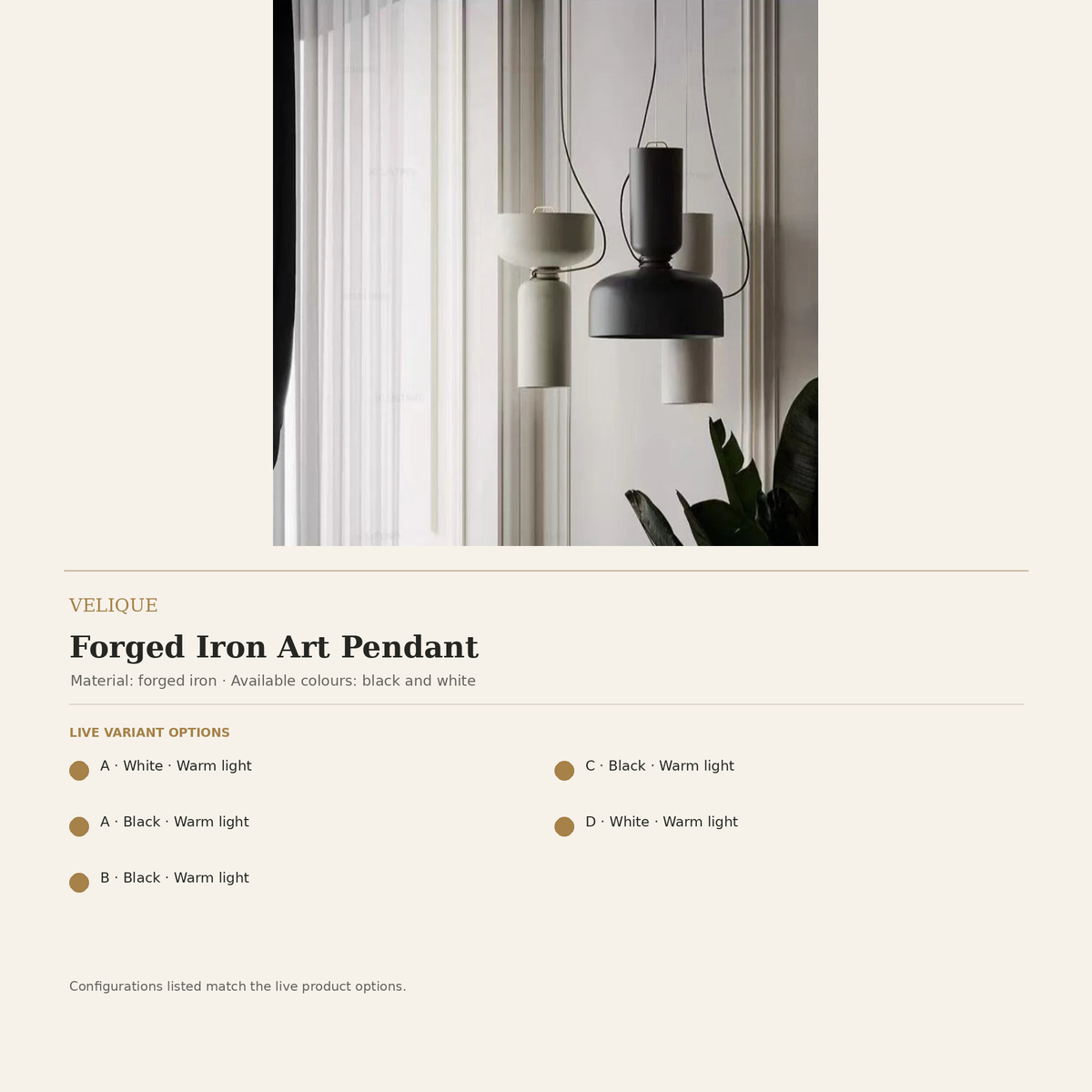 Velique forged iron art pendant guide listing five live shape, colour and warm-light options