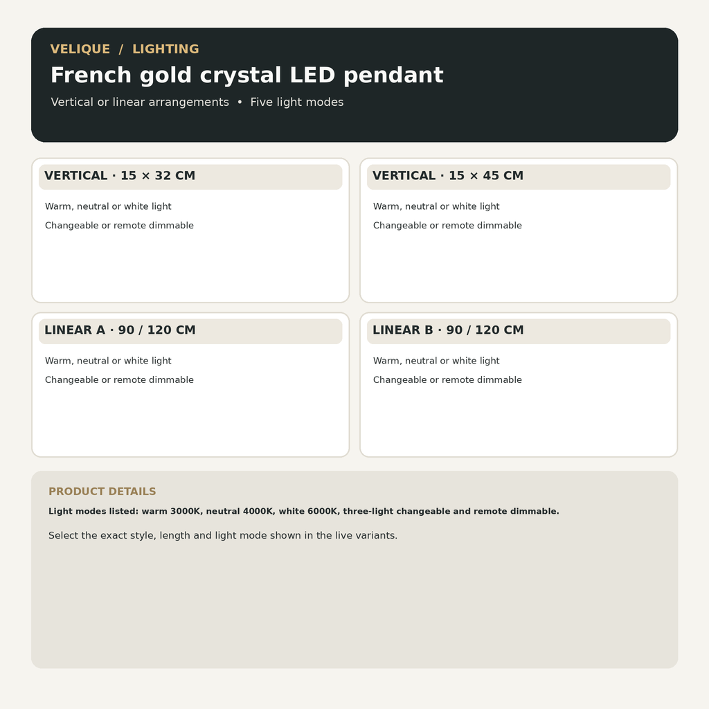 French gold crystal pendant guide showing live vertical and linear styles, dimensions and five listed light modes