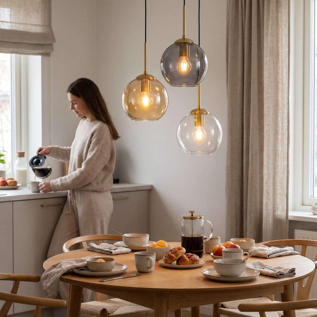 Set of three glass globe pendants in amber, smoky grey and clear glass above a dining table