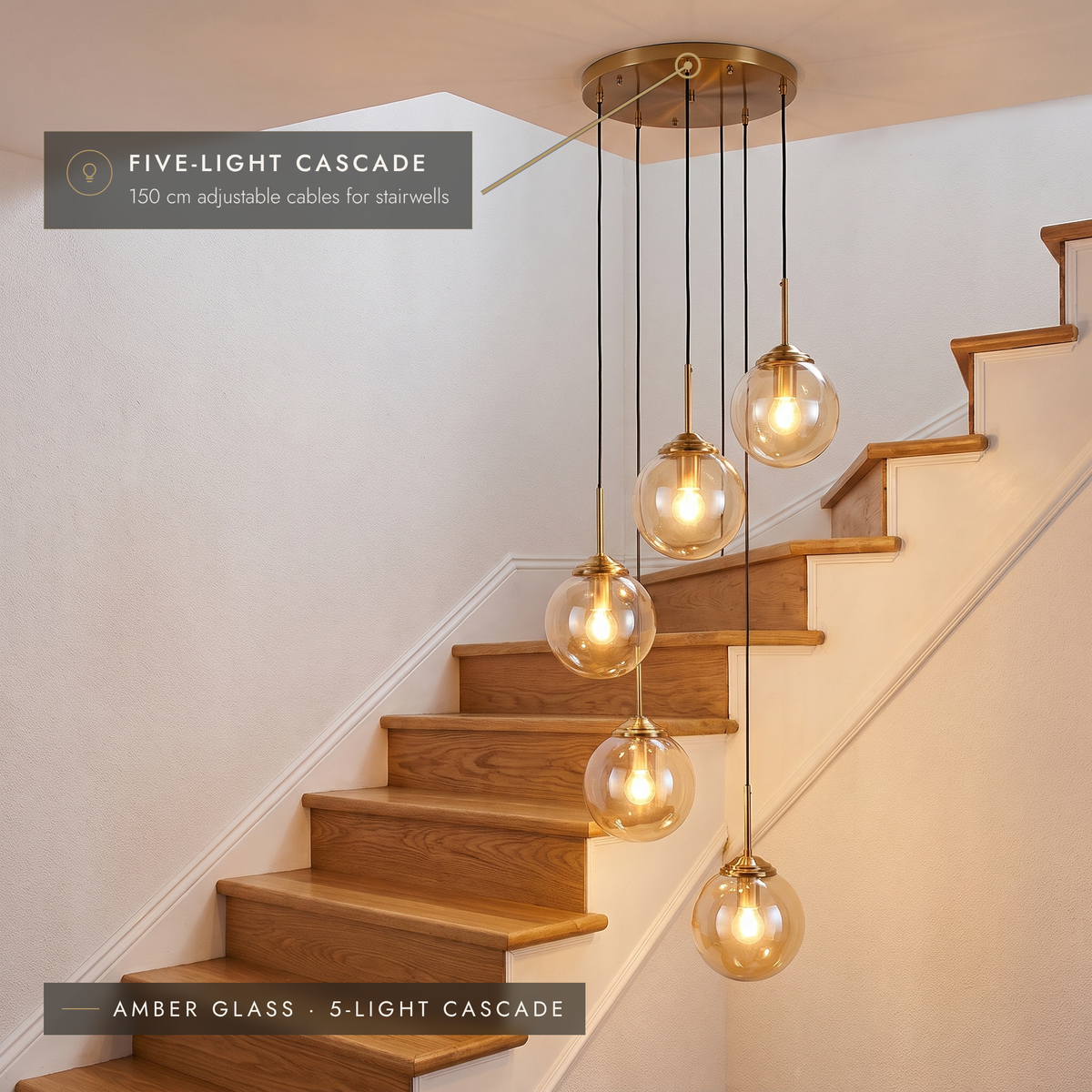 Amber glass five-light cascade pendant in a stairwell