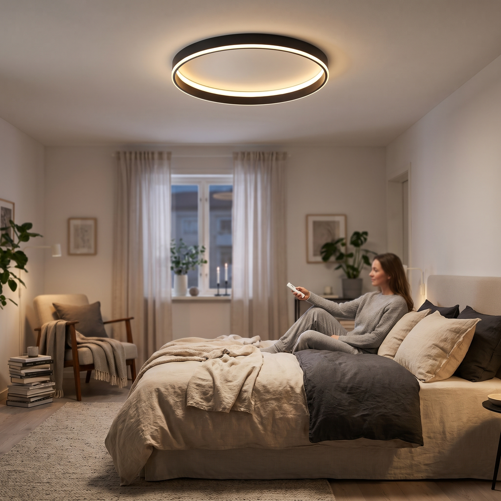 Black round LED halo ceiling light in a bedroom