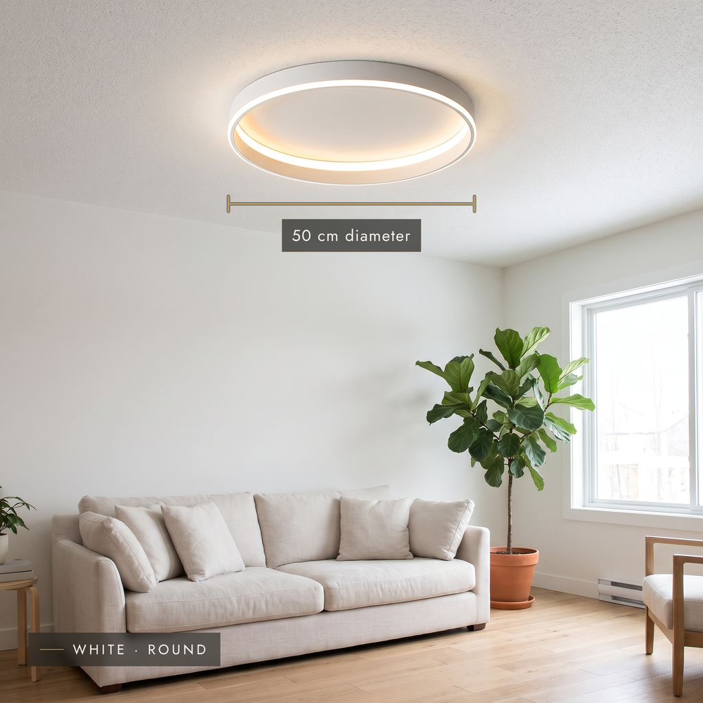 White round LED halo ceiling light, 50 cm diameter, in a living room