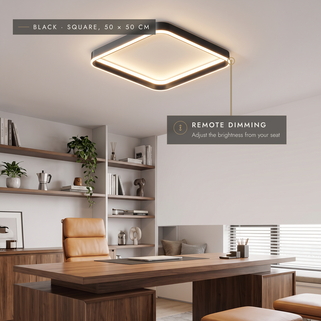 Black square LED halo ceiling light with remote dimming in a home office