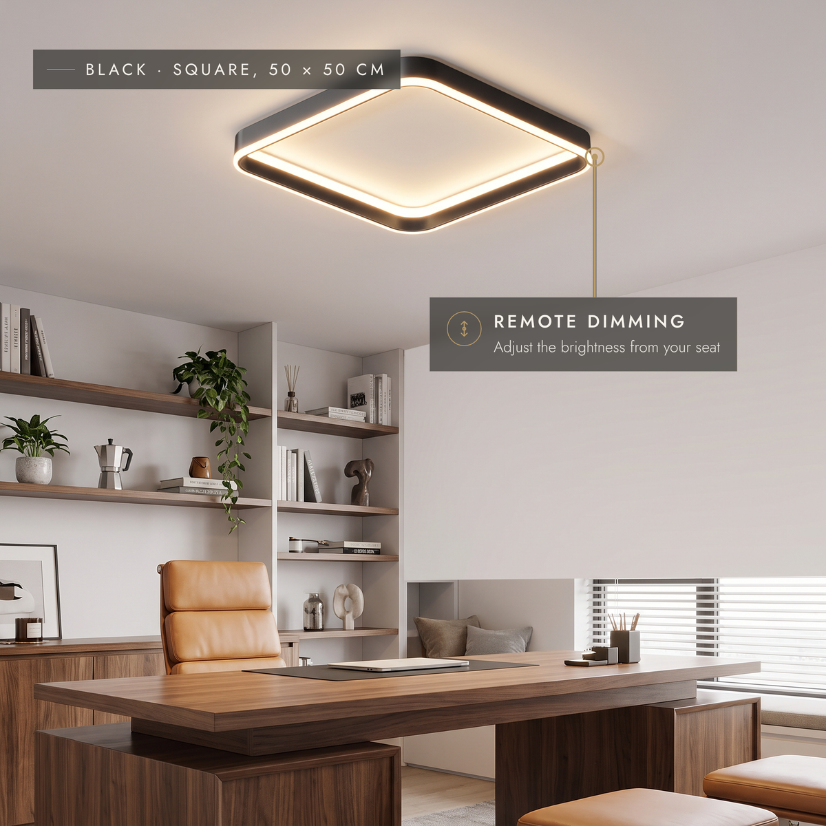 Black square LED halo ceiling light with remote dimming in a home office
