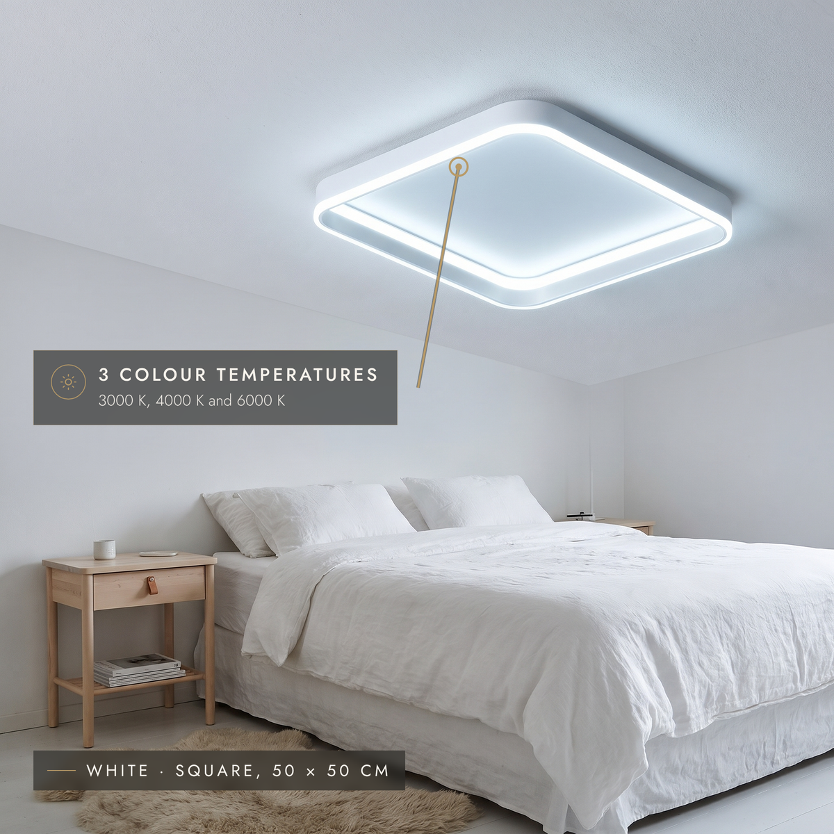 White square LED halo ceiling light in a bedroom