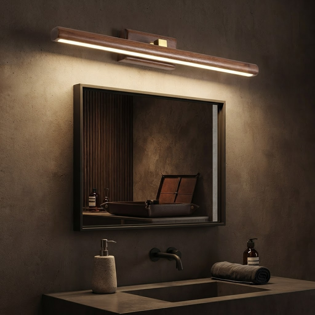Rotatable Wood Vanity Sconce - Walnut Wood Color, mounted above a bathroom mirror