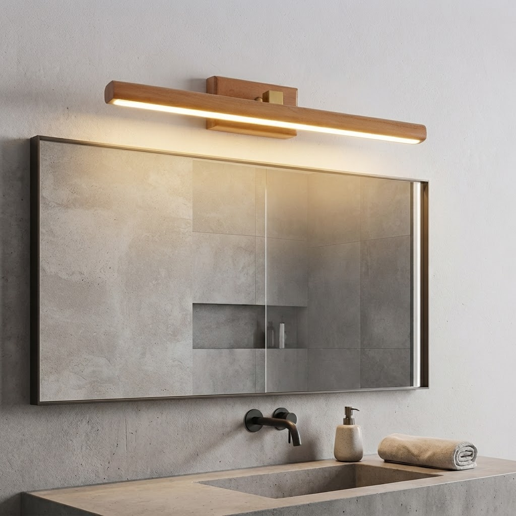 Rotatable Wood Vanity Sconce - Solid Wood Color, mounted above a bathroom mirror