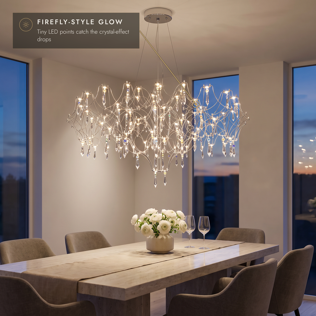 Chrome finish crystal-effect LED pendant chandelier, 90 cm, above a stone dining table at dusk