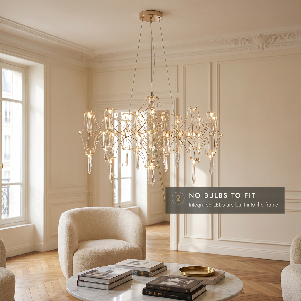 Gold finish 63 cm crystal-effect LED pendant chandelier in a panelled sitting room