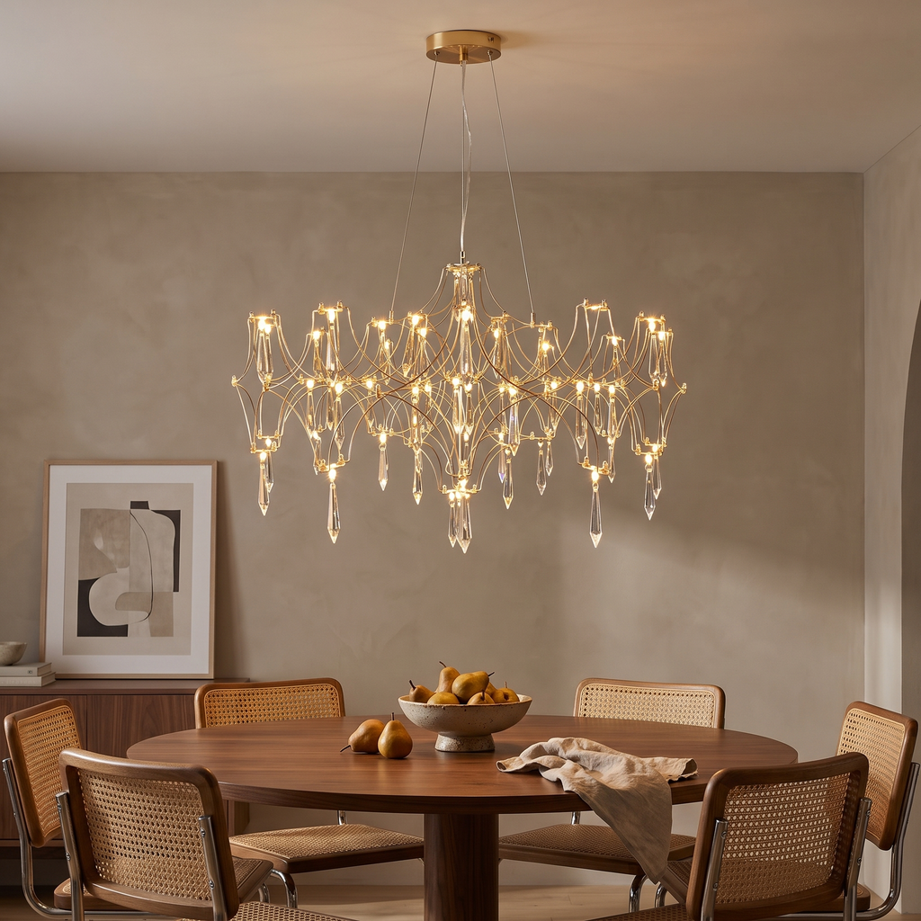 Gold finish crystal-effect LED pendant chandelier, 90 cm, above a round walnut dining table