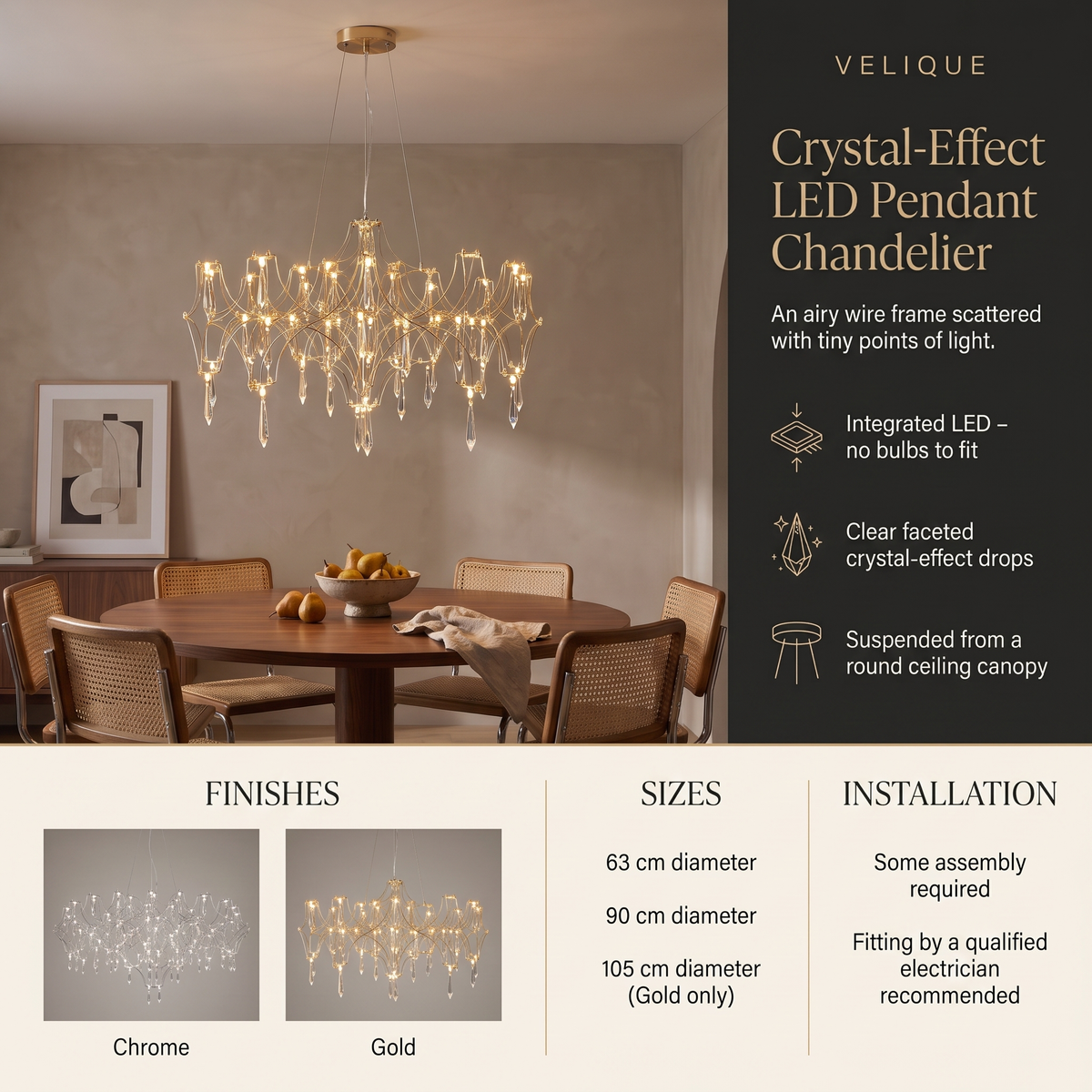 Crystal-effect LED pendant chandelier infographic showing chrome and gold finishes, 63, 90 and 105 cm sizes and installation notes