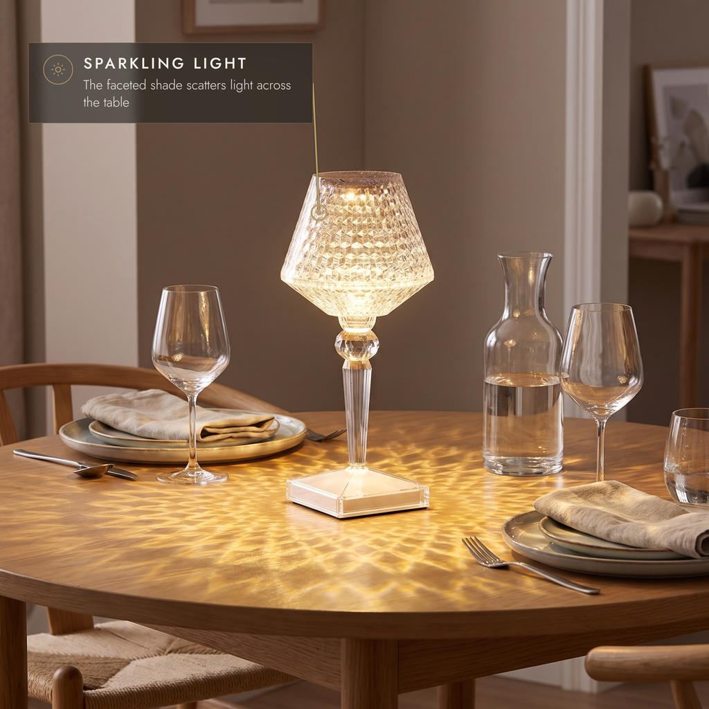 Crystal-effect diamond-pattern table lamp casting sparkling light across an oak dining table