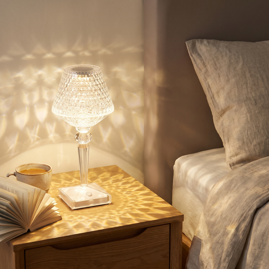Rechargeable crystal-effect LED table lamp glowing warm white on an oak bedside table