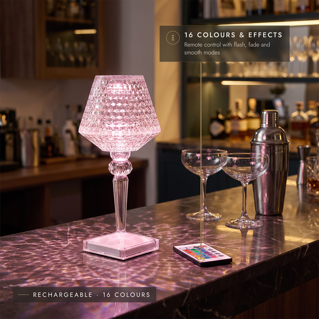 Remote-control colour crystal-effect LED table lamp glowing rose on a marble home bar