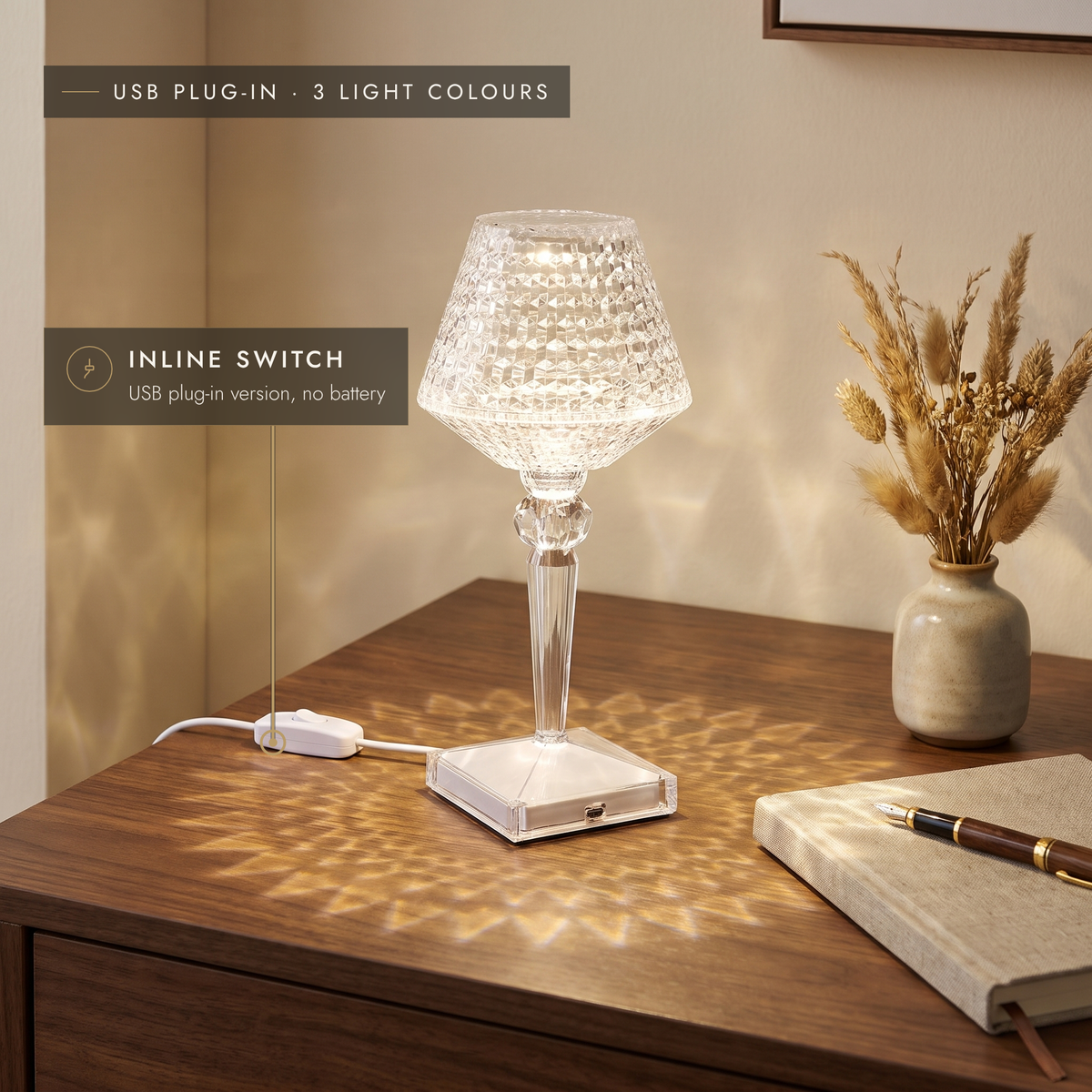 USB plug-in crystal-effect LED table lamp with inline switch on a walnut desk