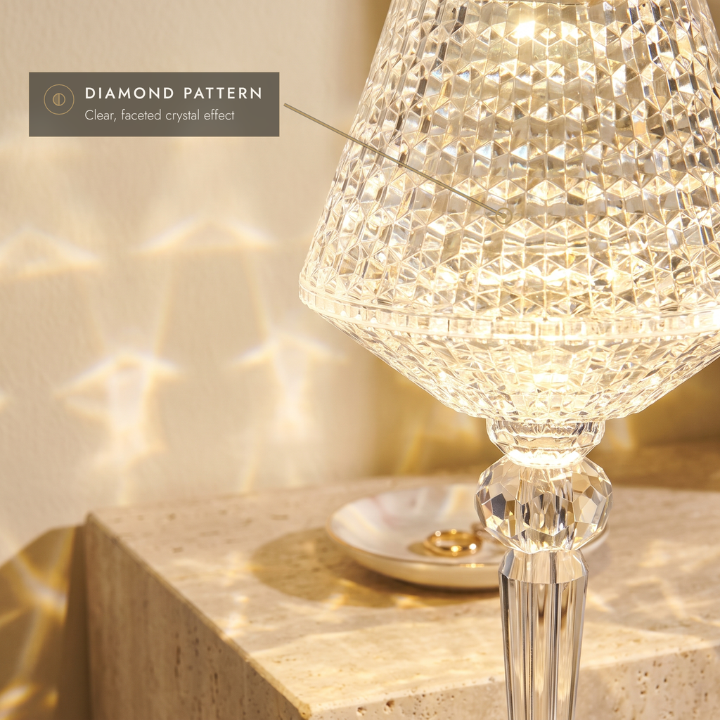 Close-up of the faceted diamond-pattern shade casting light patterns on travertine
