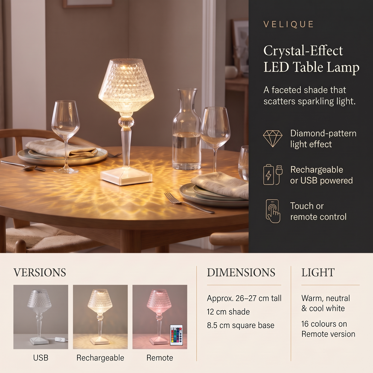 Crystal-effect LED table lamp infographic showing USB, rechargeable and remote versions, dimensions and light colours