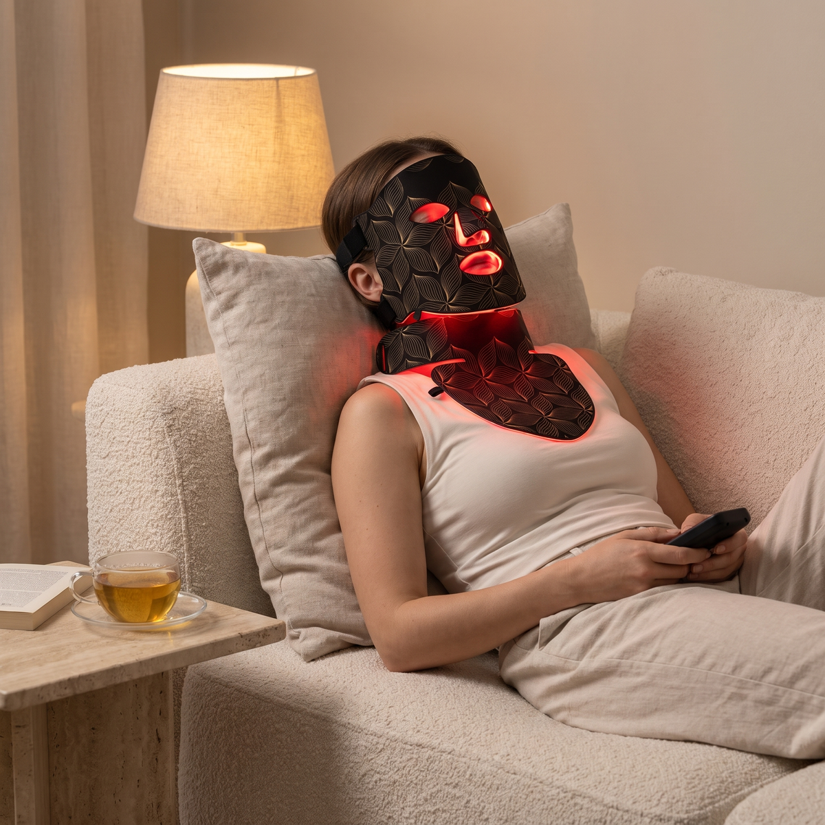 Woman relaxing on a sofa wearing the black and gold LED face and neck mask glowing red