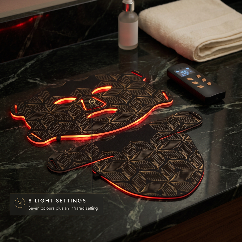 Black and gold LED face mask and neck mask glowing red on a marble vanity with controller