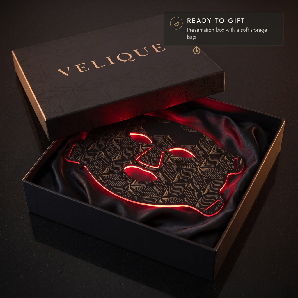Velique black presentation box opened to reveal the LED face mask glowing red