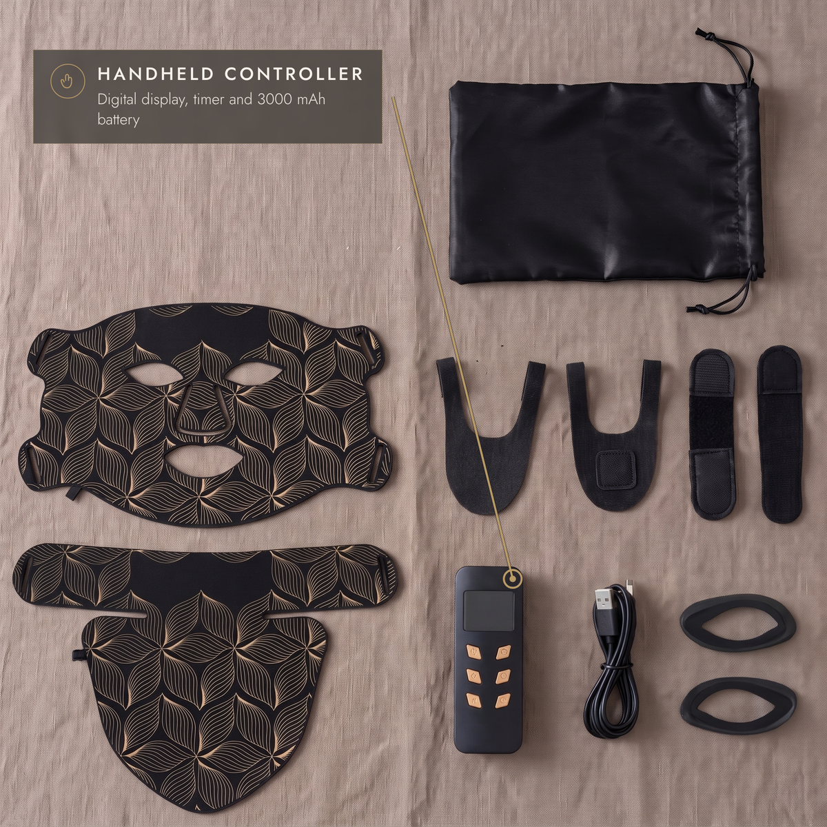 Everything in the LED face and neck mask set laid out: masks, controller, cable, straps, eye covers and bag