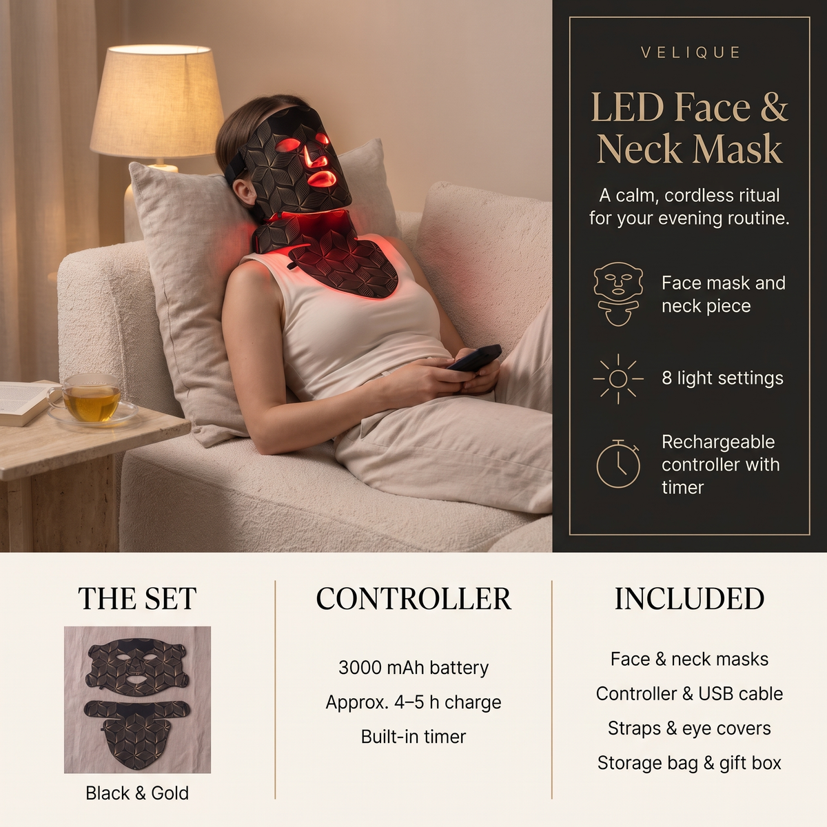 LED face and neck mask infographic showing the set, controller details and what is included