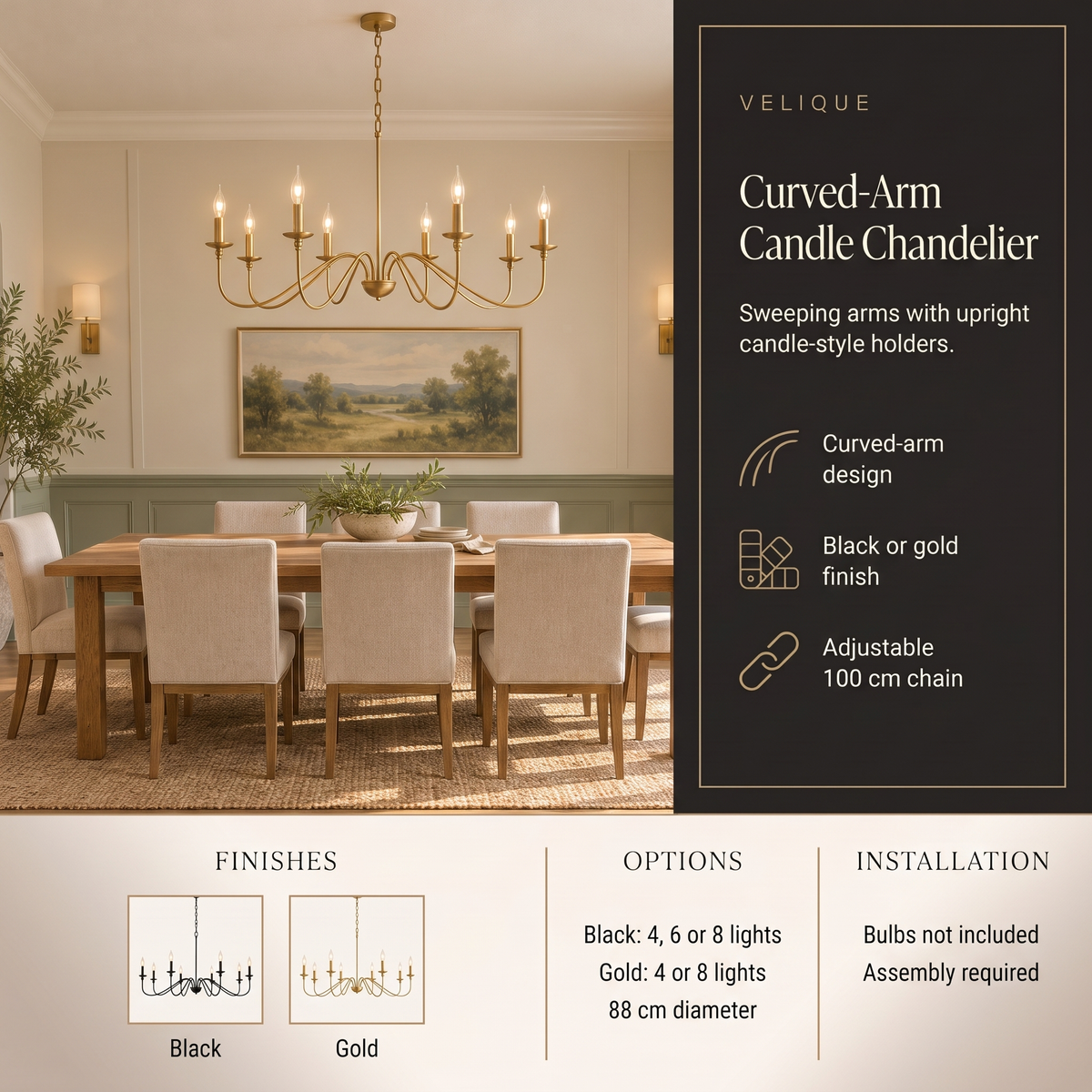 Curved-arm candle chandelier infographic showing black and gold finishes, light-count options and installation
