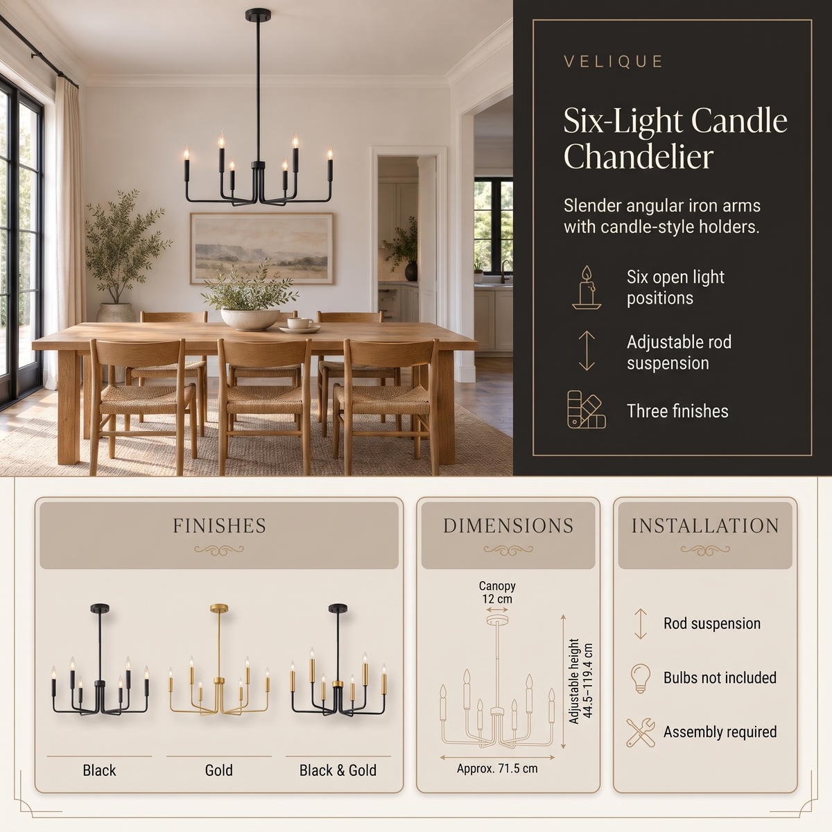 Six-light candle chandelier infographic showing black, gold and black and gold finishes, dimensions and installation