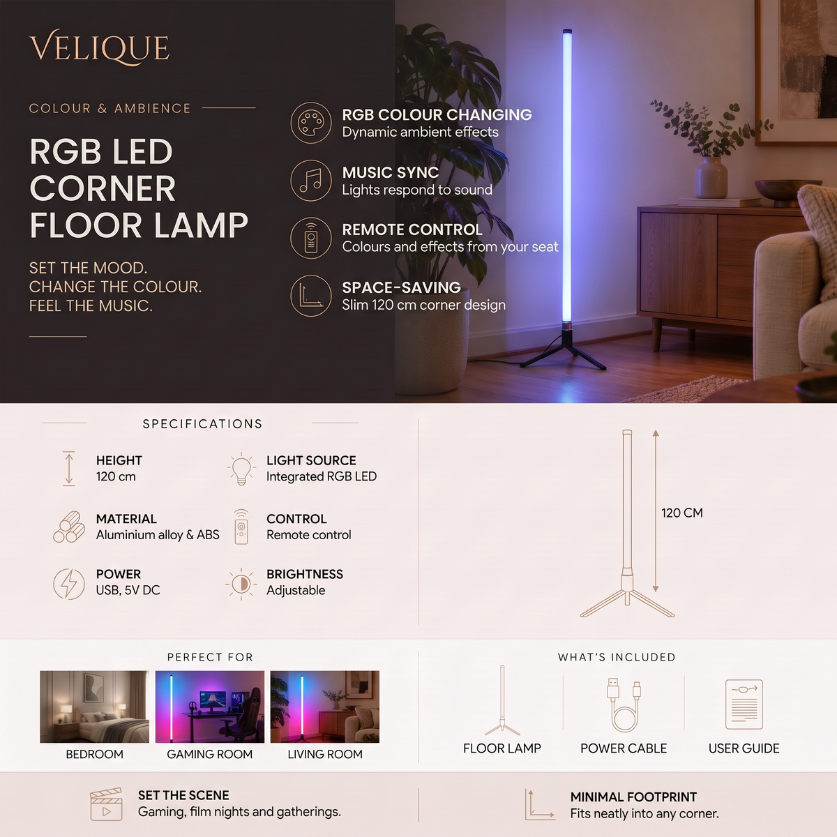 Velique RGB LED Corner Floor Lamp infographic – colour changing, music sync, remote control and 120 cm height